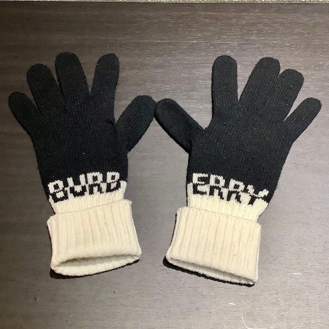 BURBERRY バーバリー ロゴ ニット 手袋 グローブ 黒 白 ブラック