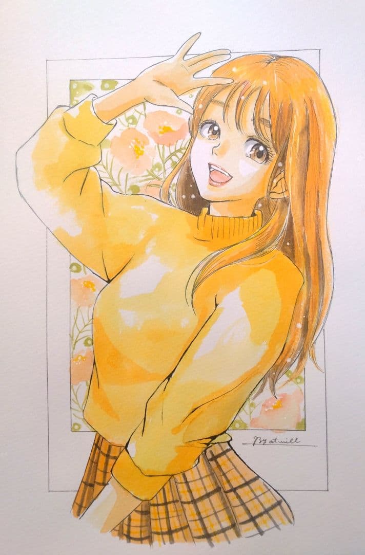 日*希様 手描きイラストA4　水彩画・色鉛筆『はいチーズ』