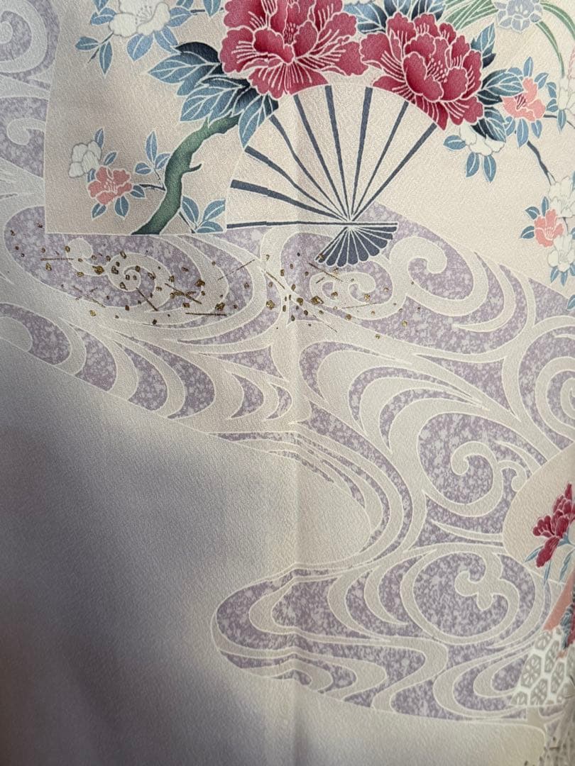 訪問着フルセット、扇面、流水、牡丹と四季の花 グラデーション しつけ