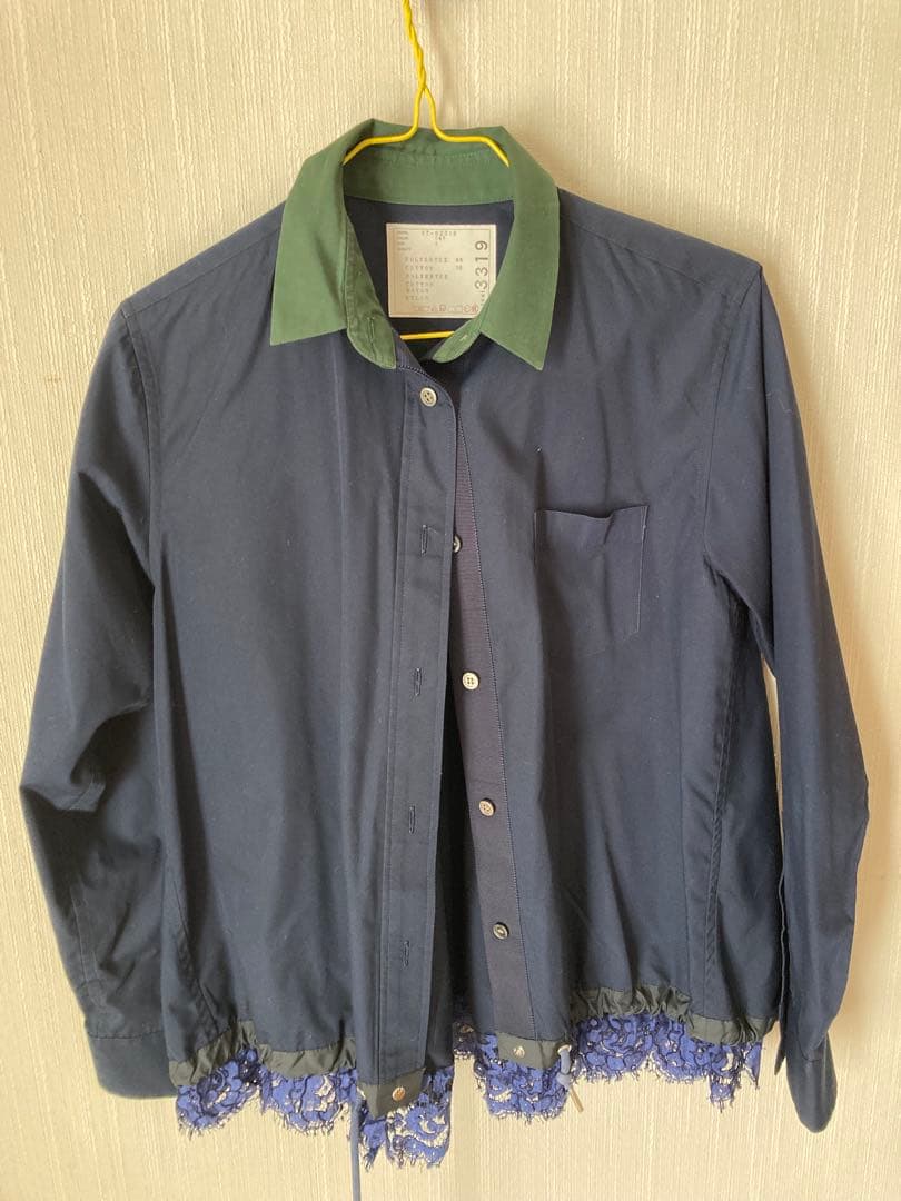 sacai】ネイビー グリーン 長袖シャツ 裾レース付き - メルカリ