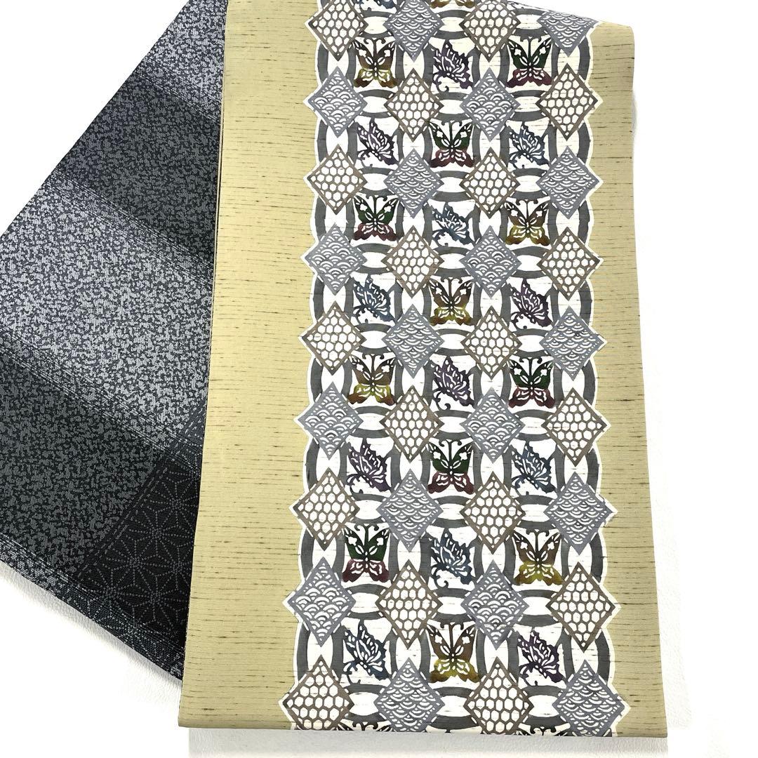 帯6577 ○高級 正絹 ぜんまい紬 紅型 片面全通 リバーシブル 袋帯