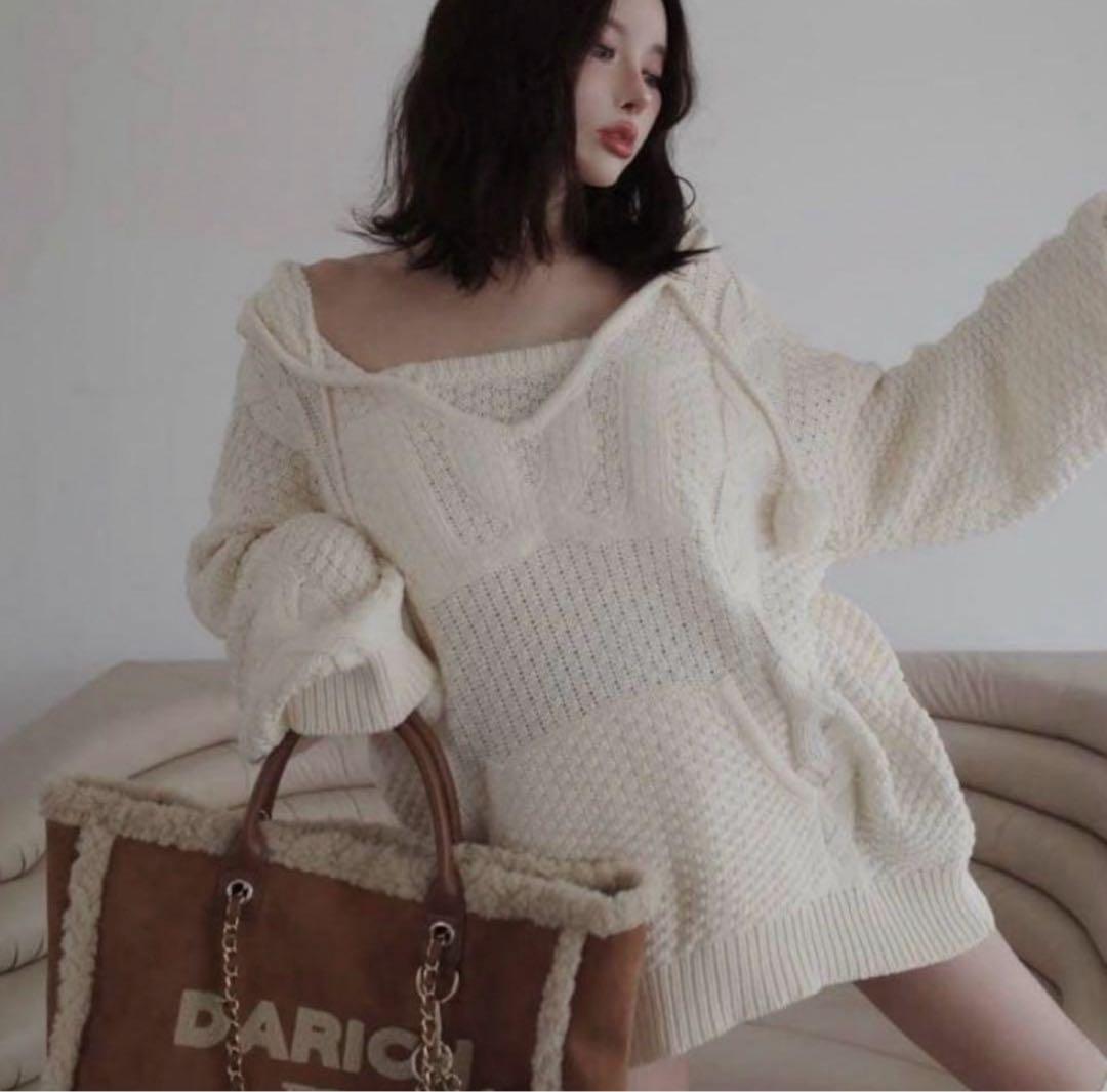 darich♡ケーブルDDロゴVネックニットフーディ - メルカリ