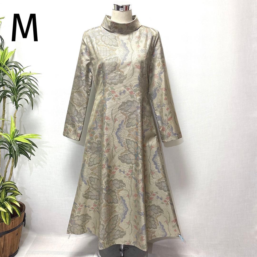 着物リメイク 大島紬花柄ワンピース ロールカラー Aライン 細見せ