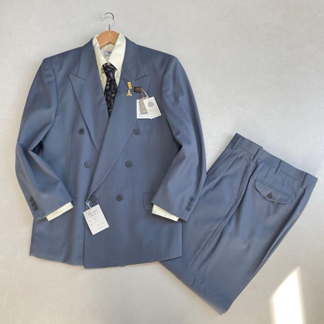 タグ付き 90s セットアップ ダブルスーツ ブルー×イエロー 成人式 90s ヴィンテージ スーツ ダブル セットアップ 成人式vol.107ネイビー