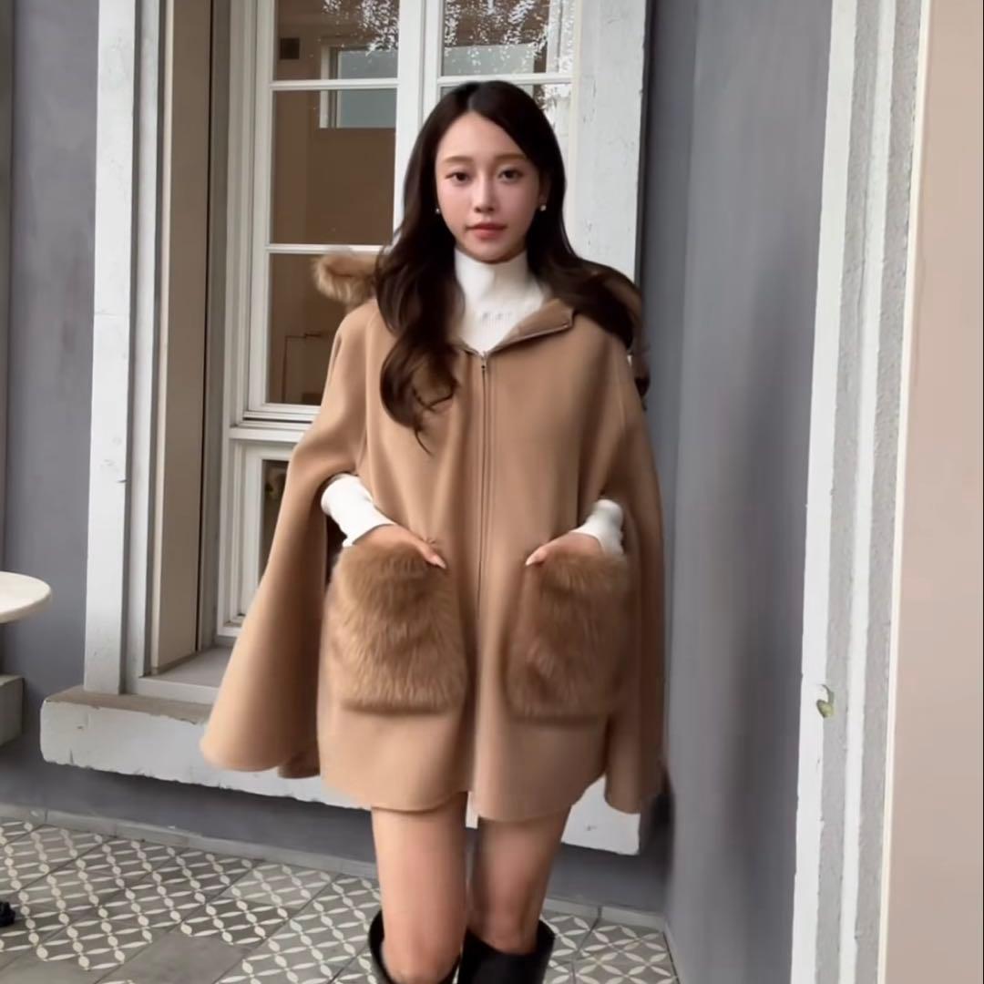 eimyistoire ファーポケットマントコート ブラウン エイミーイストワール EIMY ISTOIRE ファーポケットスカラップマント