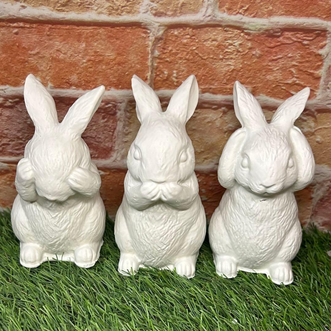 ウサギのガーデン雑貨オブジェ3つセットモルタルセメント製オブジェ