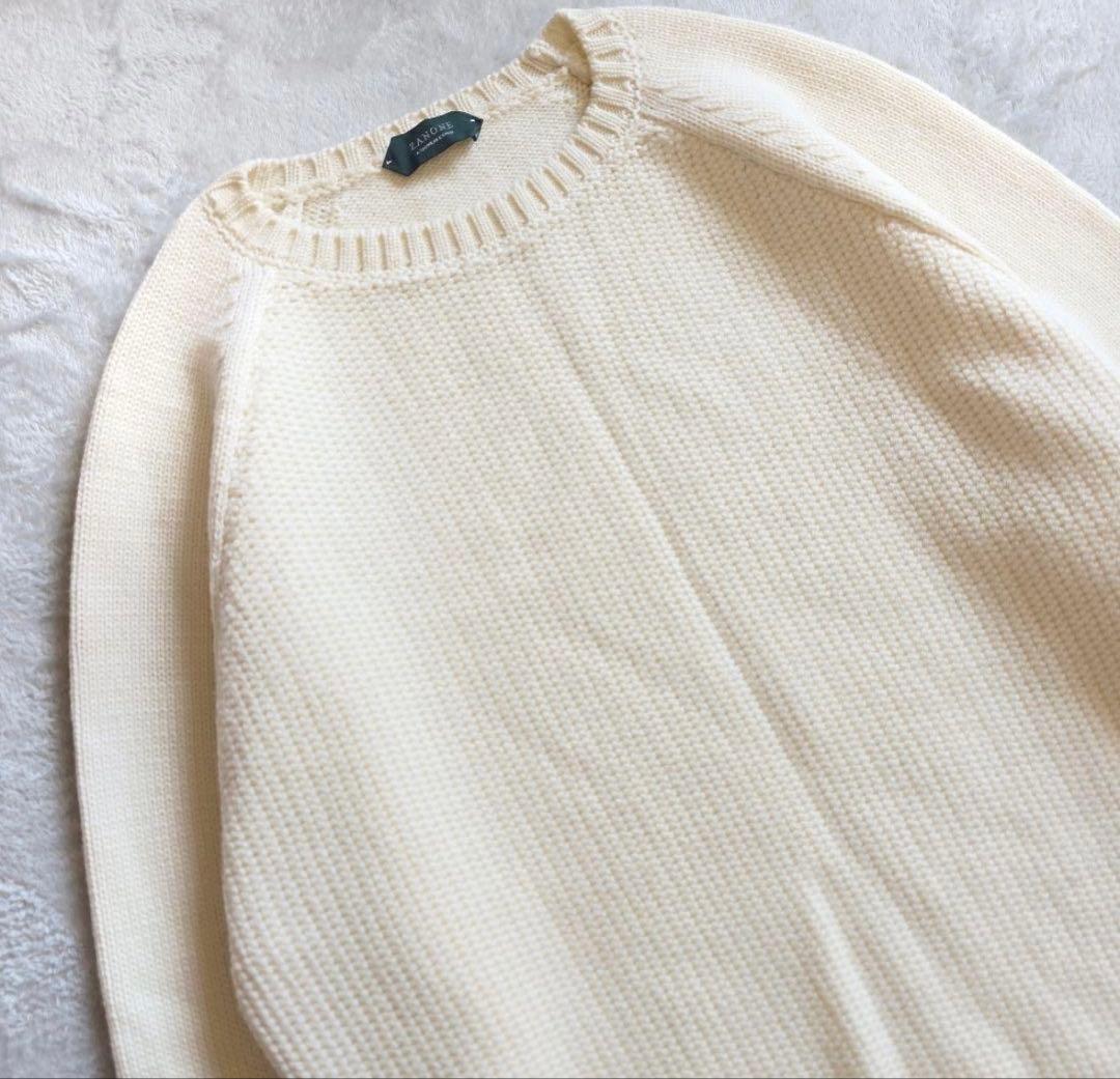 美品 ZANONE ラグランスリーブ アイボリー セーター 50 クルーネック
