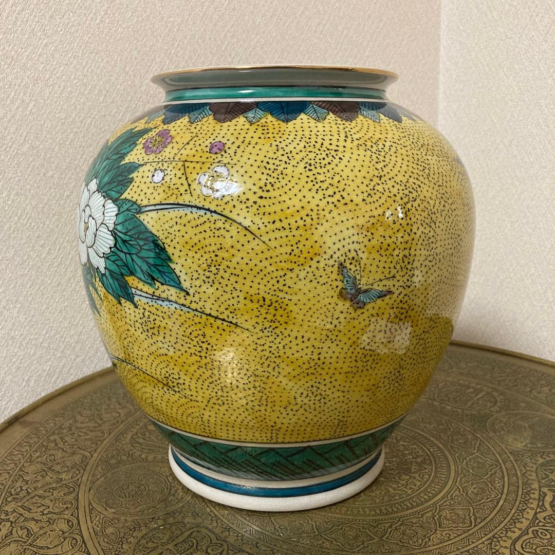 九谷焼 玉竜窯 長玉竜 花瓶 飾り壺 未使用品 梅牡丹〈検 角福 色絵