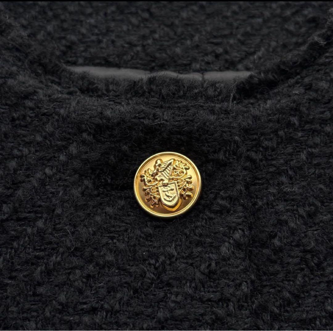 ラウンジドレス 金ボタン ノーカラー ツイードジャケット 黒 ブラック