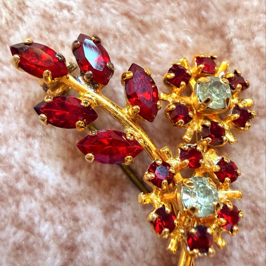 ビンテージブローチ 赤ラインストーン 昭和 レトロ アンティーク 花束