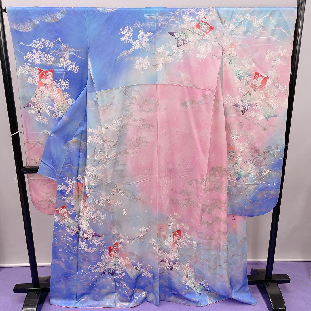 ★4092★ 振袖 単品 袷 スカイブルー ピンク色 レトロ品 楽天市場】【新品】 振袖 着物 正絹 袷 金駒刺繍 水色 ピンク 牡丹 菊