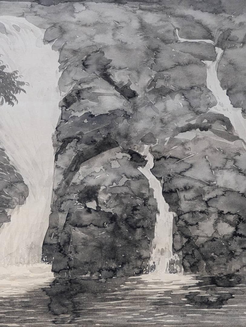 【真作】掛軸　大政穂積　岩間を落つる滝　墨一色の重厚な山水画　合箱入　T47