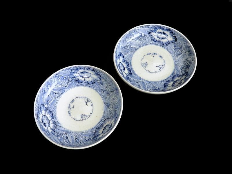 古伊万里 染付 線描き 草花紋の図 3寸半 手塩皿 2枚 E770AS-