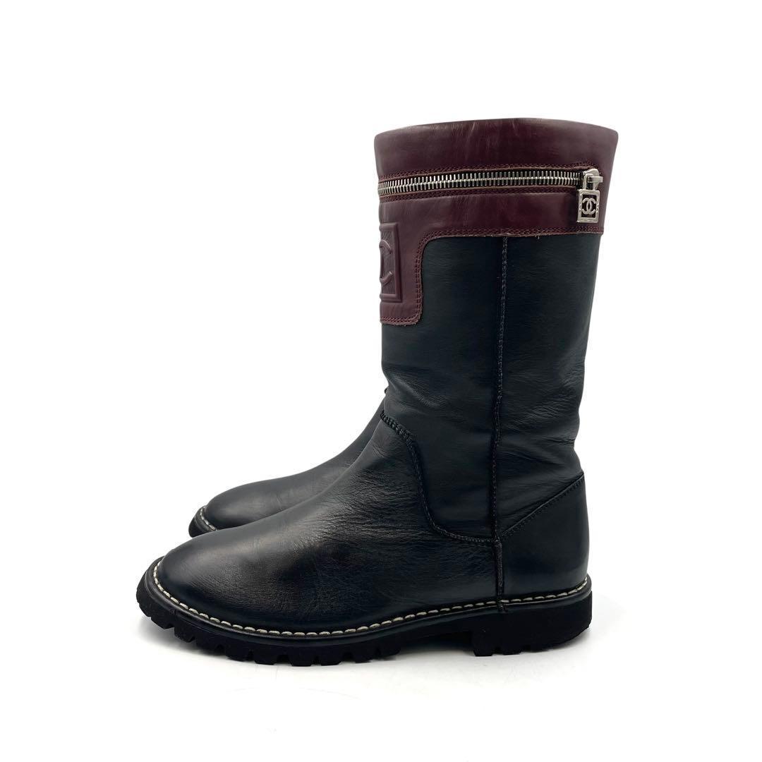 《超美品》シャネル ココマーク ロングブーツ 本革 ブラック ボルド 黒系 39