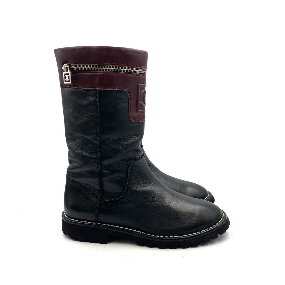 《超美品》シャネル ココマーク ロングブーツ 本革 ブラック ボルド 黒系 39