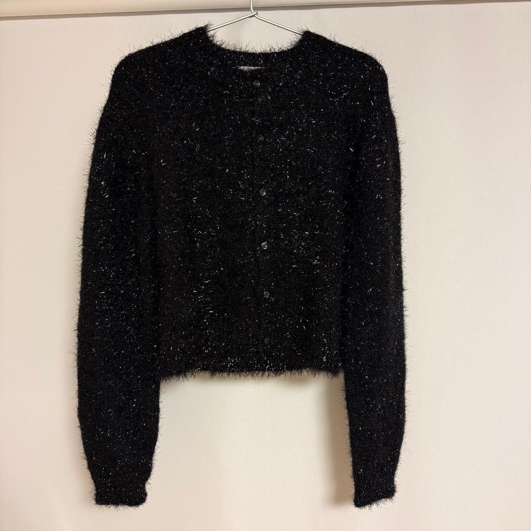 美品】MIESROHE ミドルゲージラメシャギーカーディガン ブラック