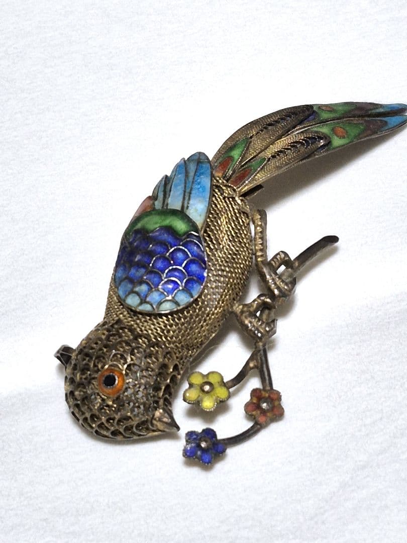 ヴィンテージ 銀線細工 七宝 鳥のブローチ 中国 - メルカリ