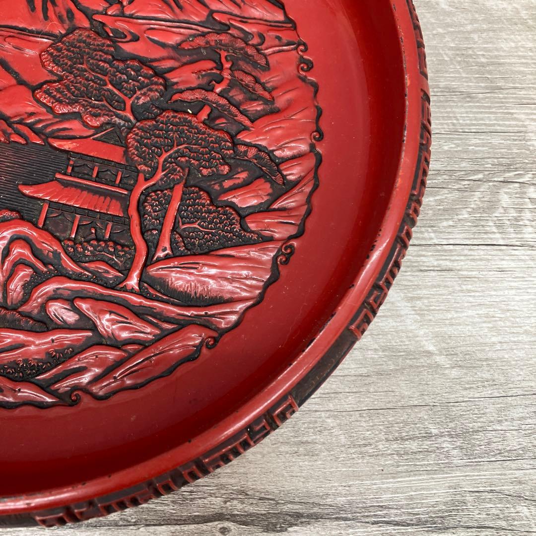 D-4 堆朱 丸盆 山水風景図 彫刻 漆器 盆 竹細工 竹編み 花籠 皿 雑貨