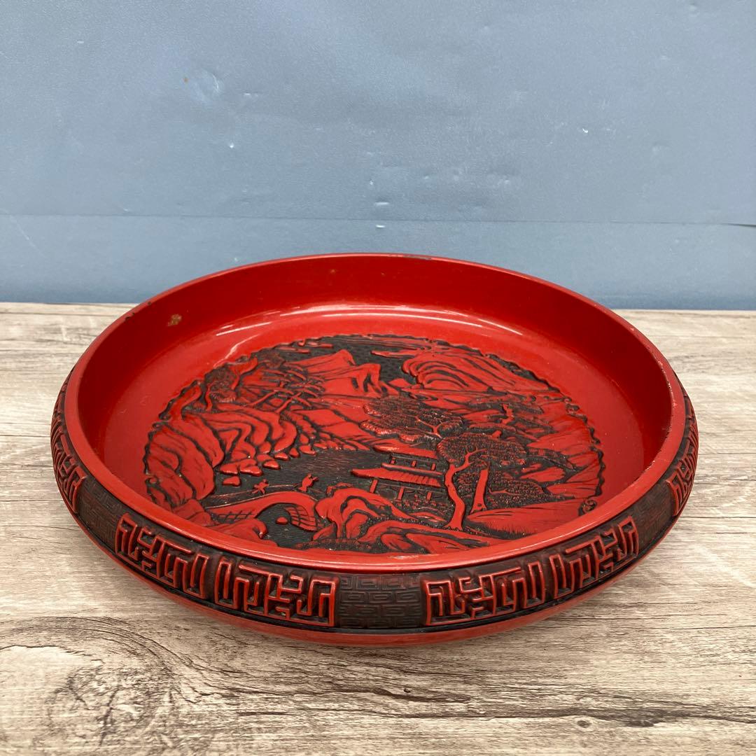 D-4 堆朱 丸盆 山水風景図 彫刻 漆器 盆 竹細工 竹編み 花籠 皿 雑貨
