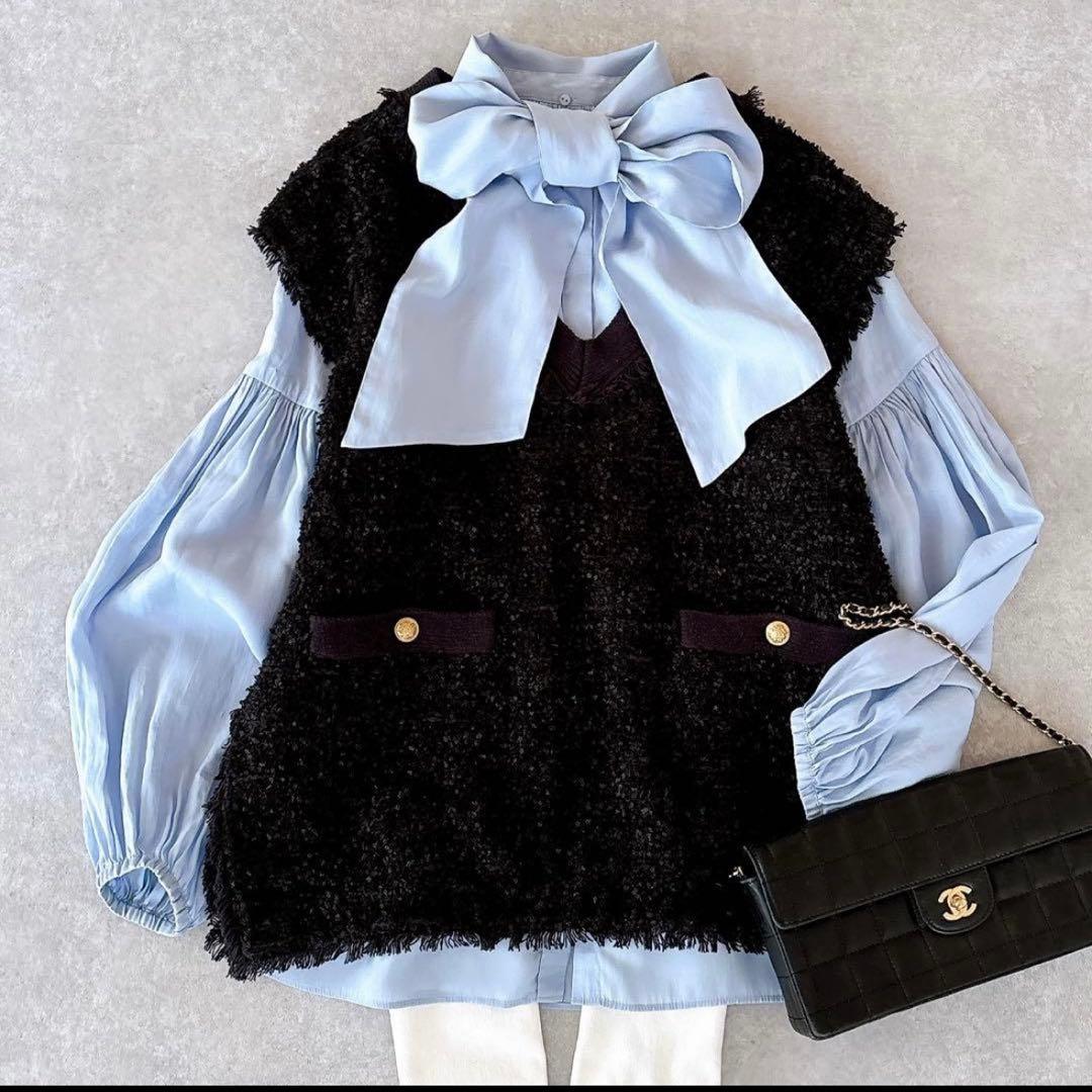 美品 ミラオーウェン 24SSボウタイ 袖ボリュームブラウス 2way ブルー