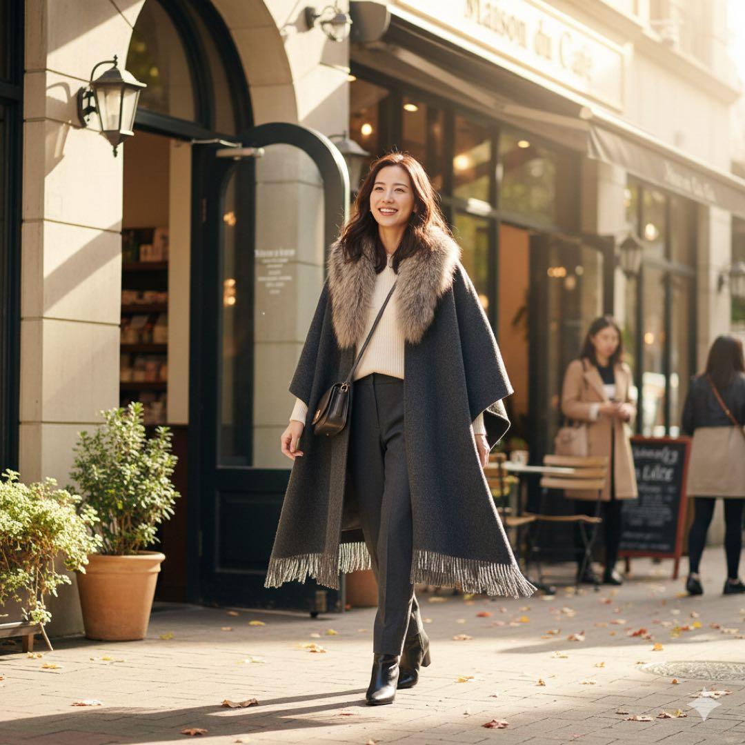 グレースコンチネンタル ポンチョ ストール ラクーンファー グレー