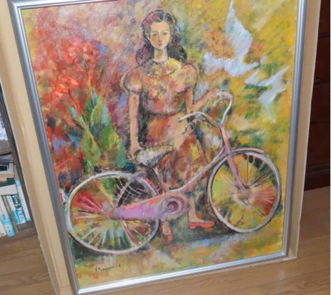 井上和久油彩画 自転車と少女 井上和久油彩画 自転車と少女