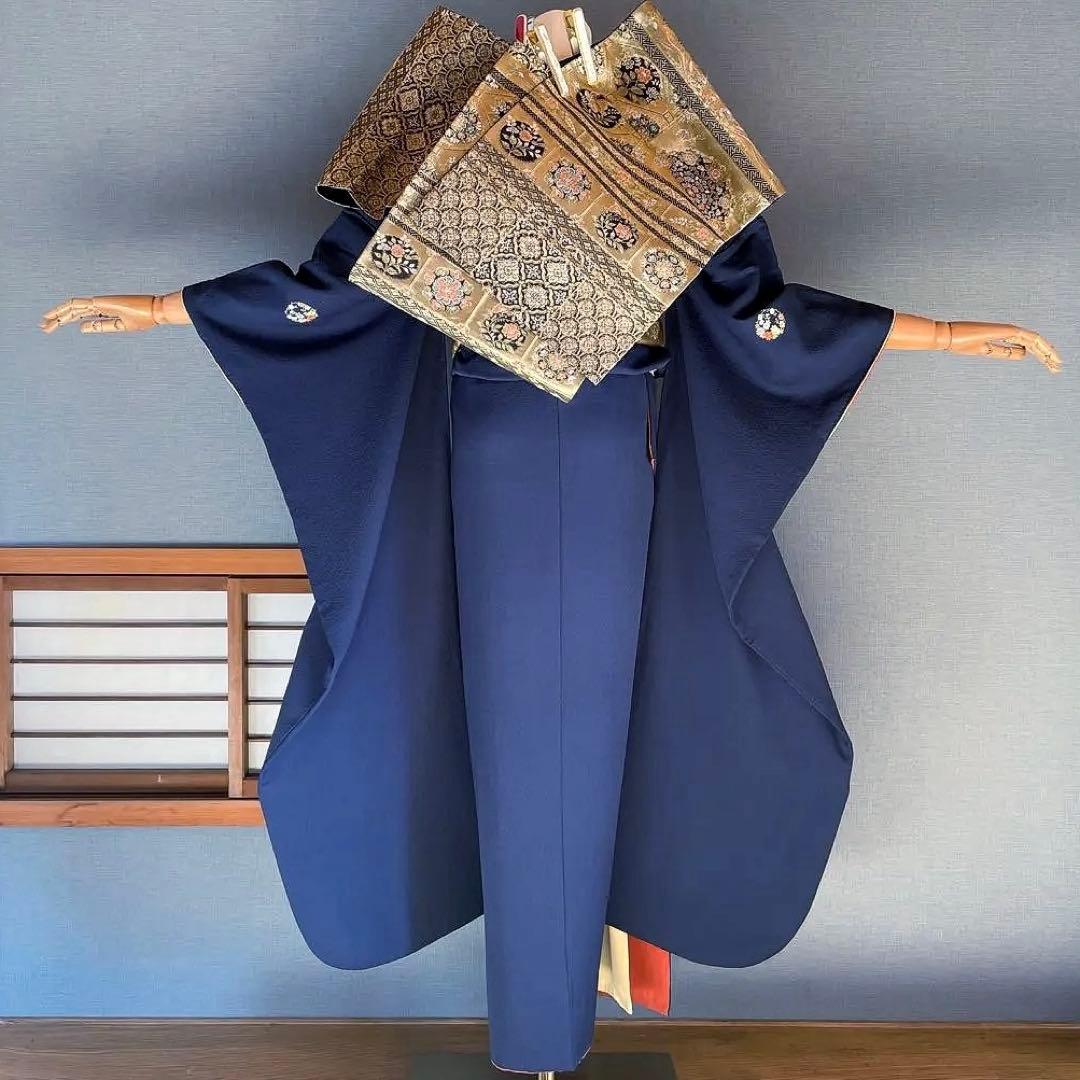 振袖フルセット 手染め色無地 成人式振袖 振袖 裄丈68 紺色 ➕サイズ