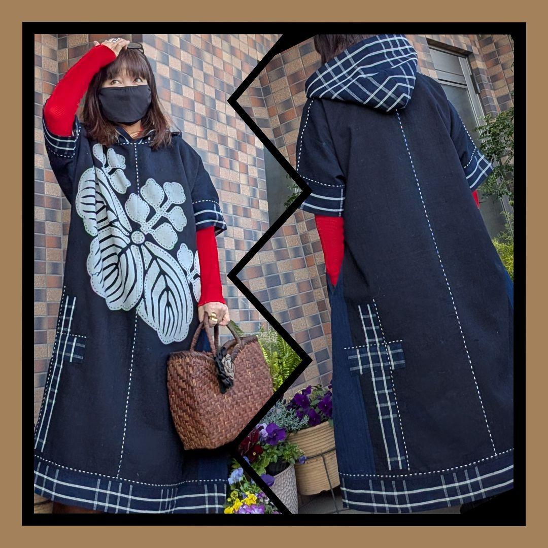 藍染家紋風呂敷♥古布リメイクワンピースフード付き 藍染古布合わせ
