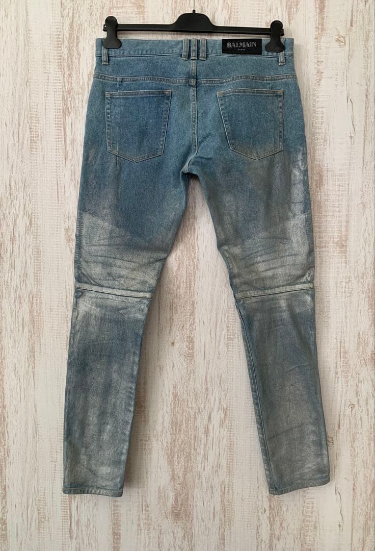 BALMAIN バルマン Biker ZIP シルバー ペイントデニムジーンズ - メルカリ