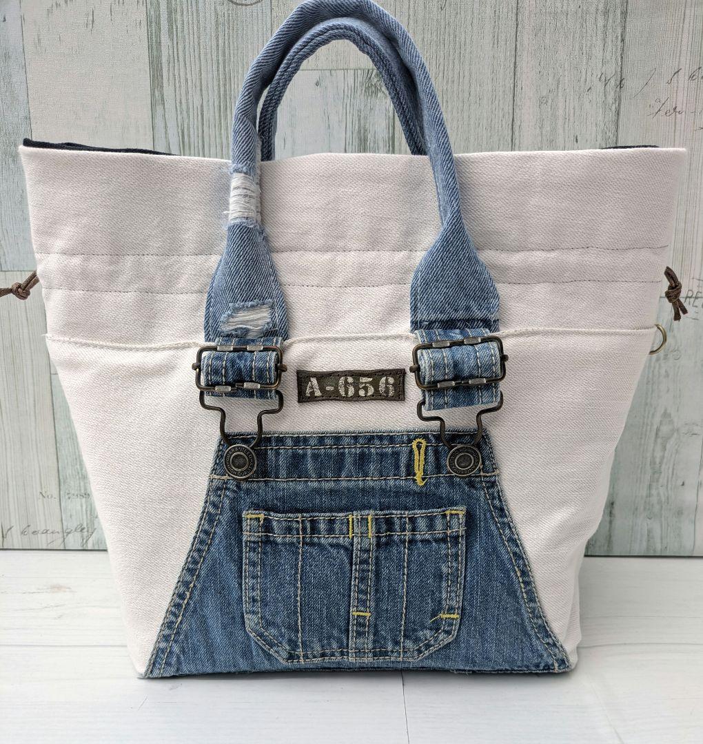 デニムリメイク 巾着トートバッグ ＊オーバーオール＊ ダメージ - メルカリ