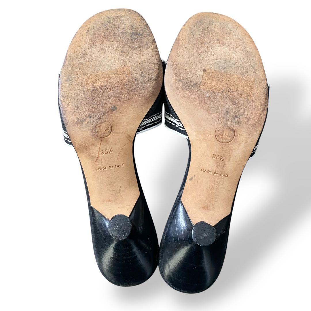 CHANEL ロゴ刺繍 ミュール 白 黒 23-23.5cm - メルカリ