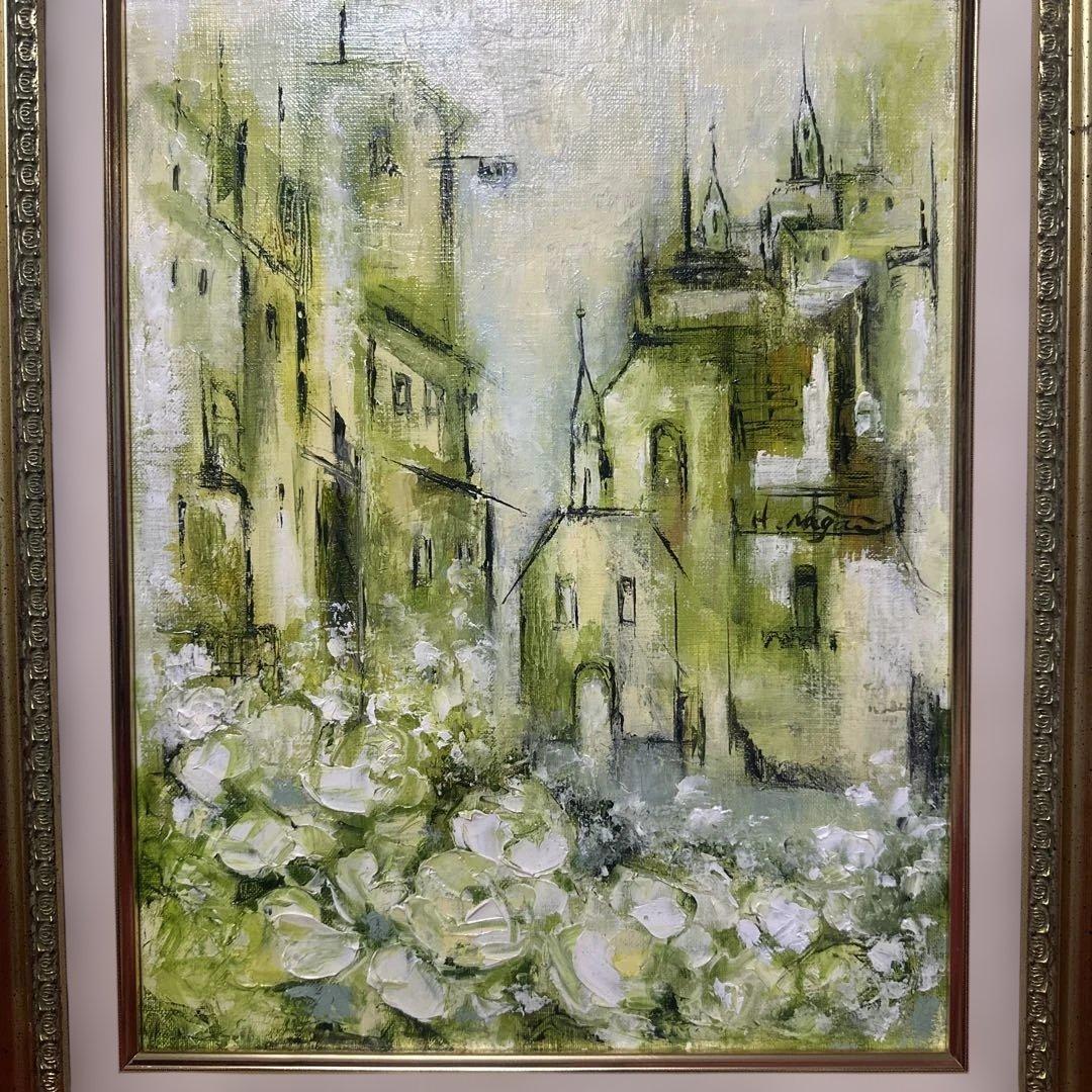 ブ*リ様 セピア色 油彩画 永井弘子 街角の白いバラ 絵画 真作 肉筆