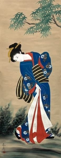 勝川春扇／2代目勝川春好 勝川春英師事「美人画」掛軸 絹本：江戸時代