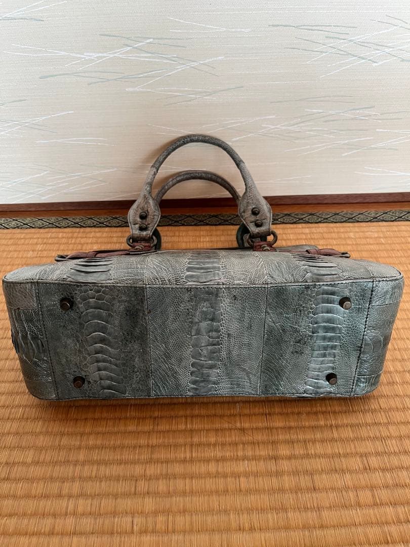 希少】本革 オーストリッチレッグ パッチワーク ハンドバッグ グレー系