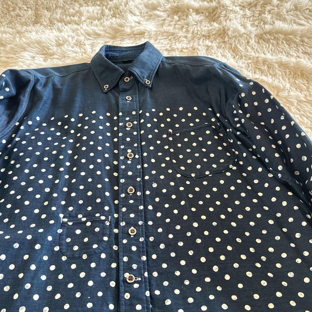 美品 45R インディゴ抜染ドット ボタンダウンシャツ 粟サテン 水玉