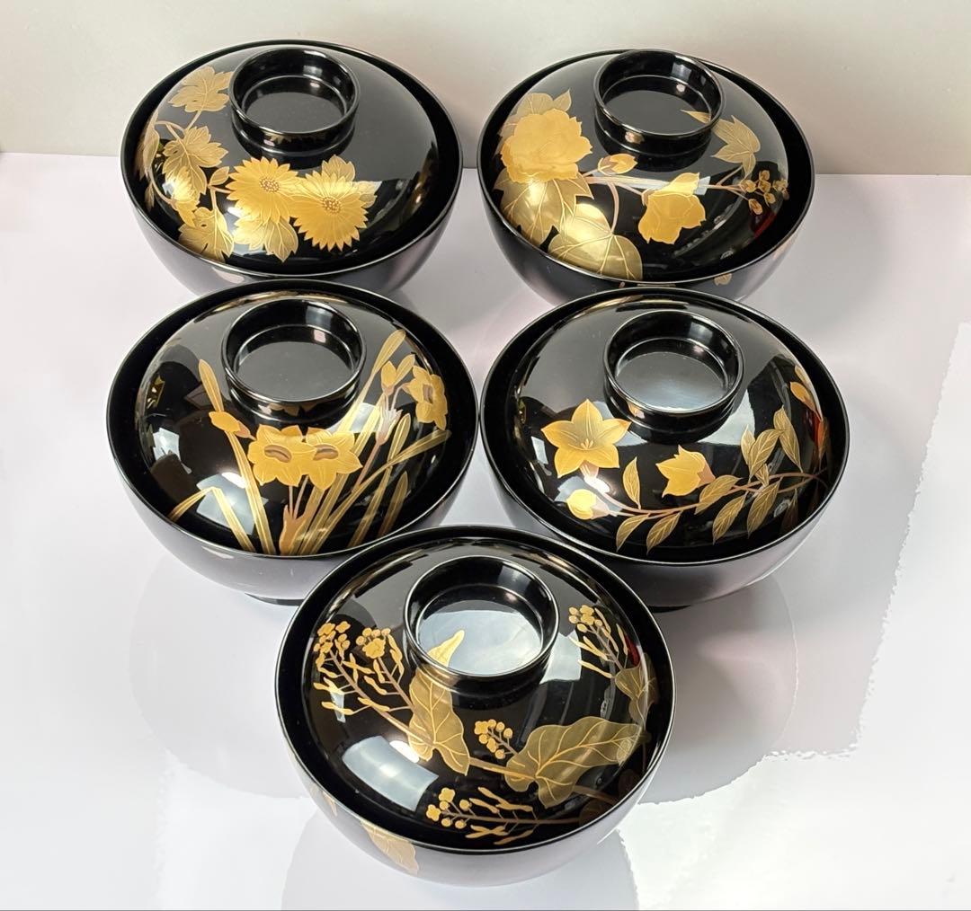 未使用】越前漆器【源伸堂】蒔絵付 吸物椀5客セット 共箱栞付R7112328