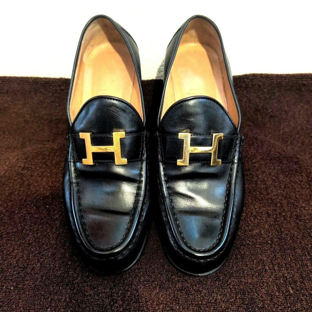 サイズ37 HERMES ブラック ローファー 金具Hロゴ エルメスローファー H金具 サイズ37 1/2 黒 シルバー金具 レディース