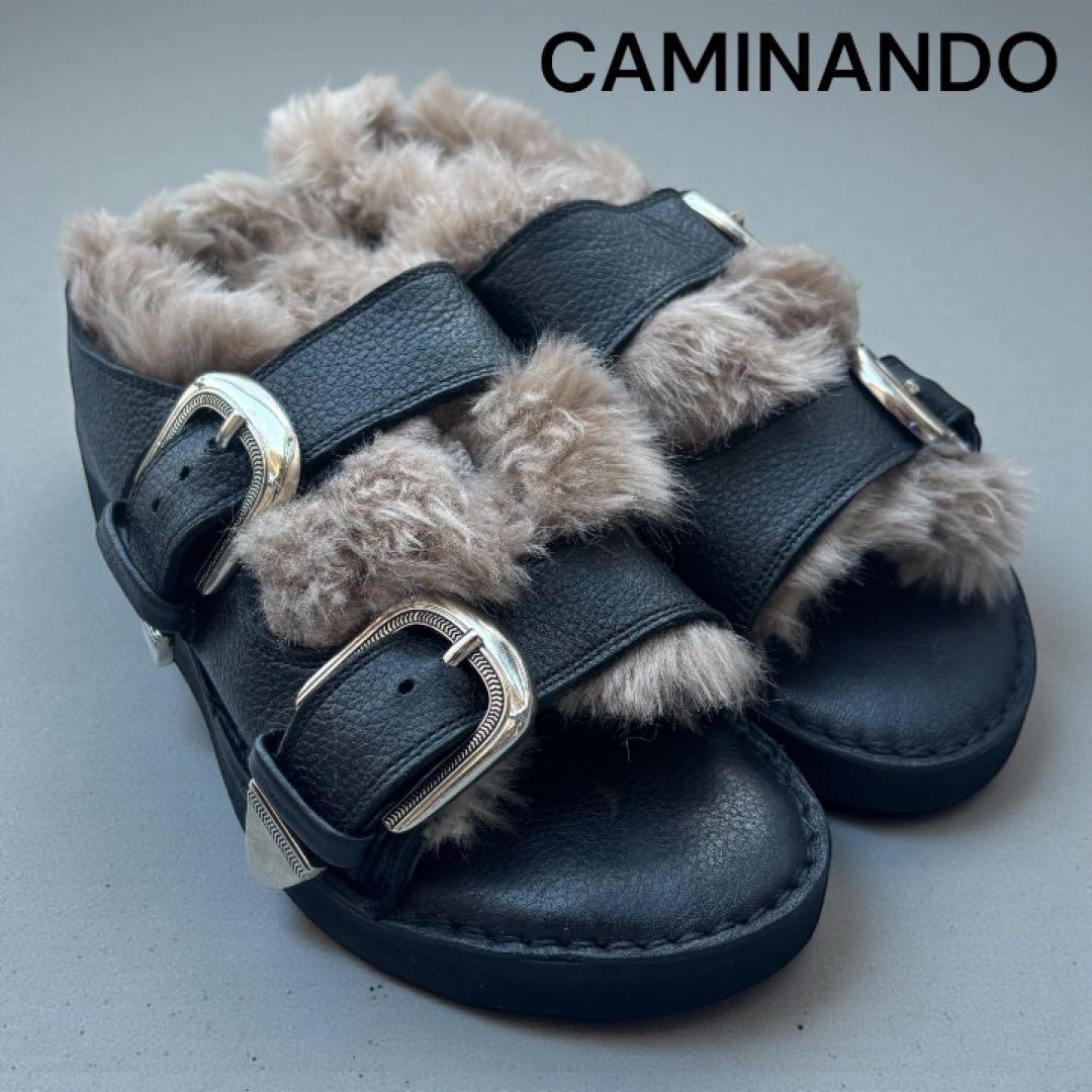 CAMINANDO 未使用級 ファーサンダル ダブルベルト ブラック 24cm位