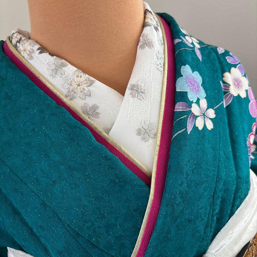 未使用に近い 正絹振袖フルセット ガード加工有り 緑グラデーション