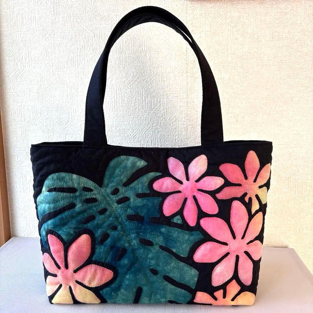 ハワイアンキルト ハンドメイド トートバッグ 黒 - メルカリ