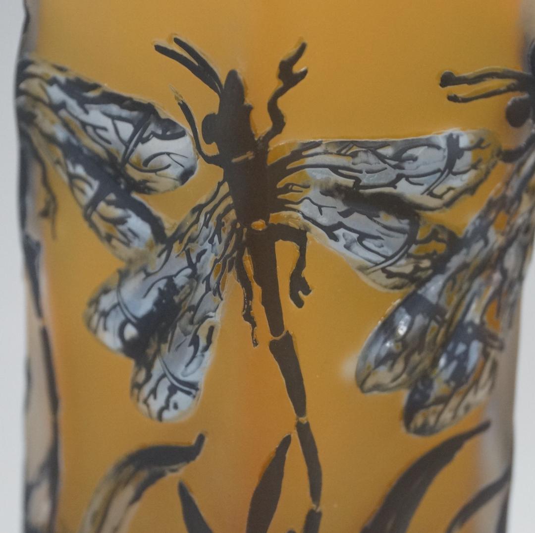証明書】 エミール ガレ 特大 蜻蛉文 花器 花瓶 技法スフレ 被せガラス