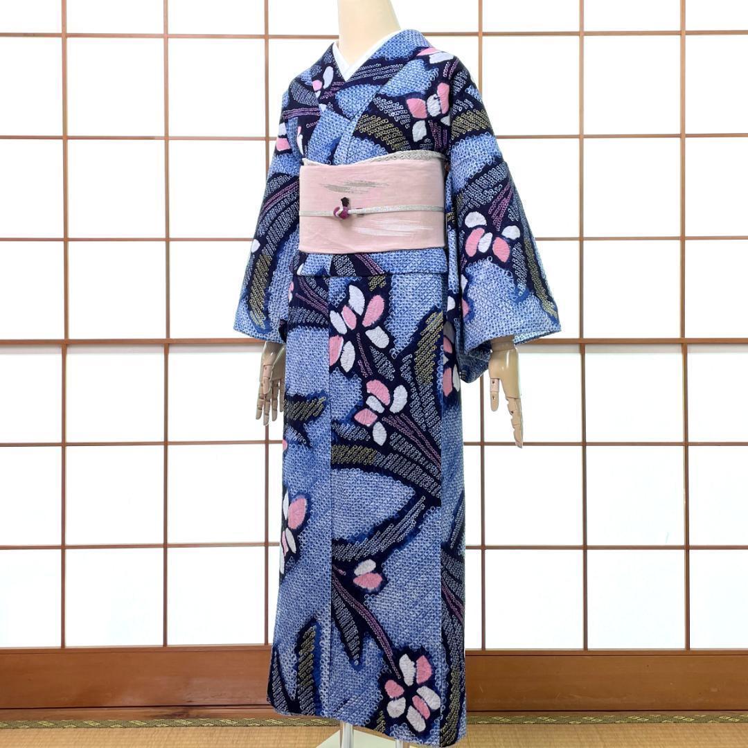 有松鳴海絞り 夏着物 浴衣 綿 菖蒲 水色 手縫い ビンテージ A-2390