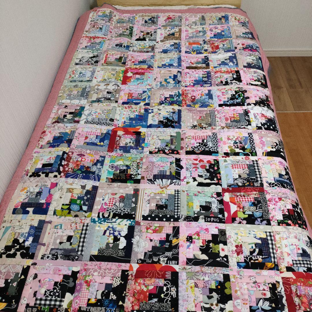 ハンドメイド パッチワーク ベッドカバー マルチカバー ログキャビン