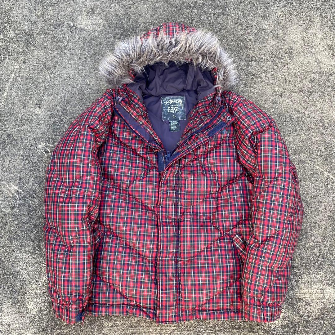 OLD STUSSY ステューシー 赤チェック フードファー ダウンジャケット