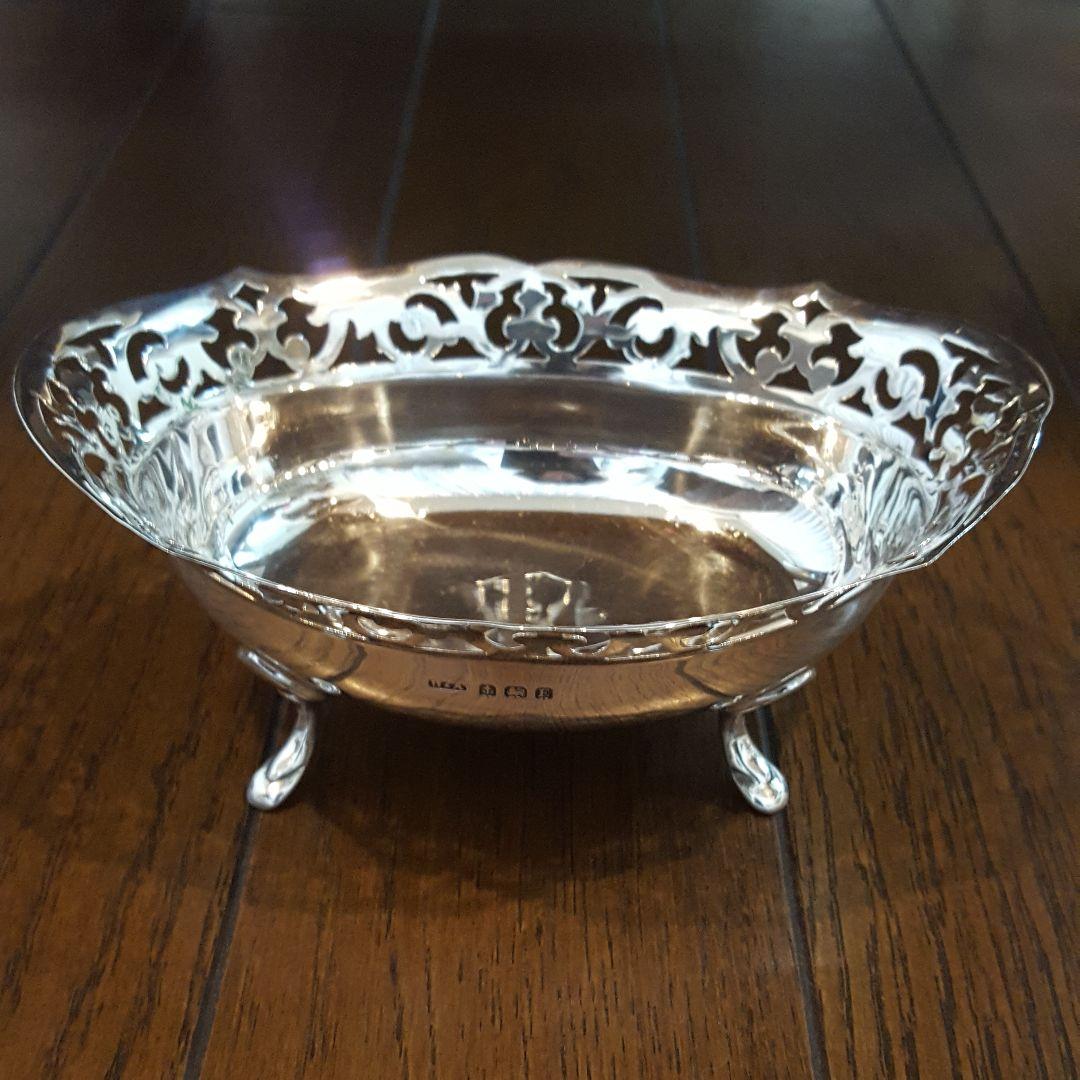エレガントな純銀コンポート♡英国アンティーク アンティークのシルバープレート、英国の透かし細工模様が美しい