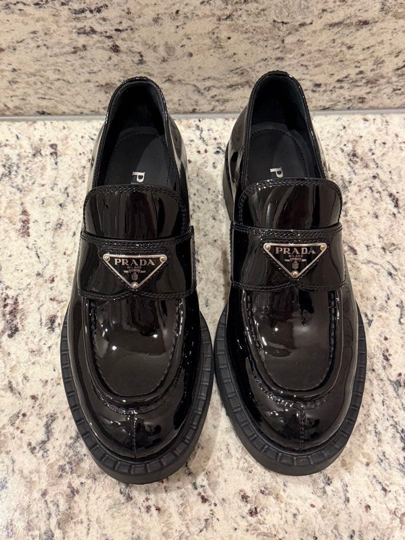 PRADA ローファー エナメル 37cm ブラック プラダ PRADA ローファー オックスフォード ブラッシュドレザー