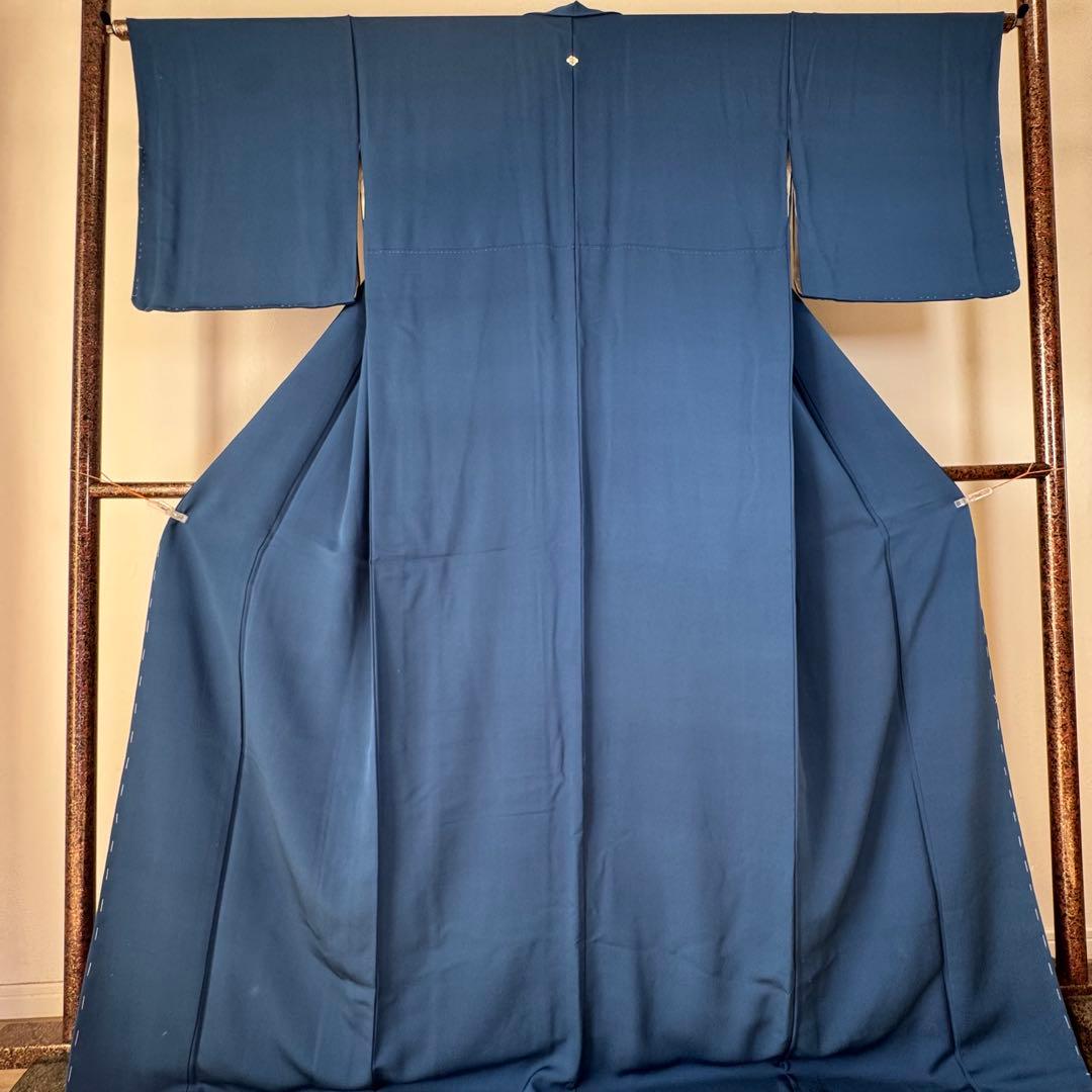 しつけ付 着物 正絹 袷 色無地 176 裄69 青 ロイヤルブルー トール