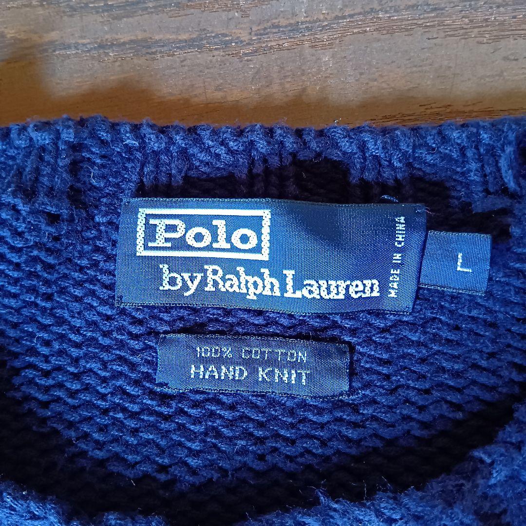 希少・手編み】90s ポロ ラルフローレン 星条旗 コットン ニット L 紺