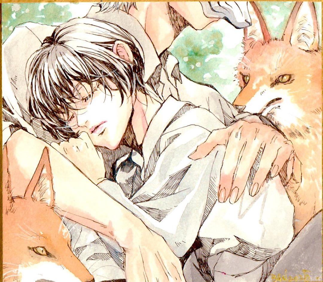 空様お取り置き。11月1日まで。手描きイラスト オリジナル ミニ色紙 狐の懐 かみさまキツネとサラリーマン POP UP STORE in ロフト