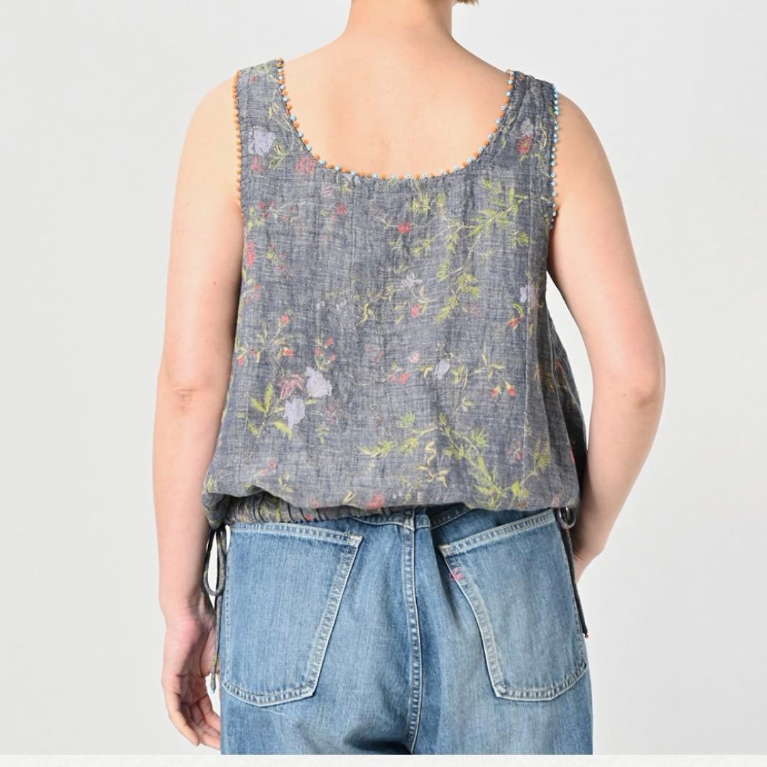 45Rインド綿麻ダンガリー二重織フラワープリントのぽよんキャミソール